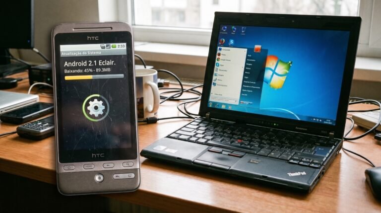 Smartphone Android antigo exibindo a tela de download de atualização do sistema operacional ao lado de um notebook.