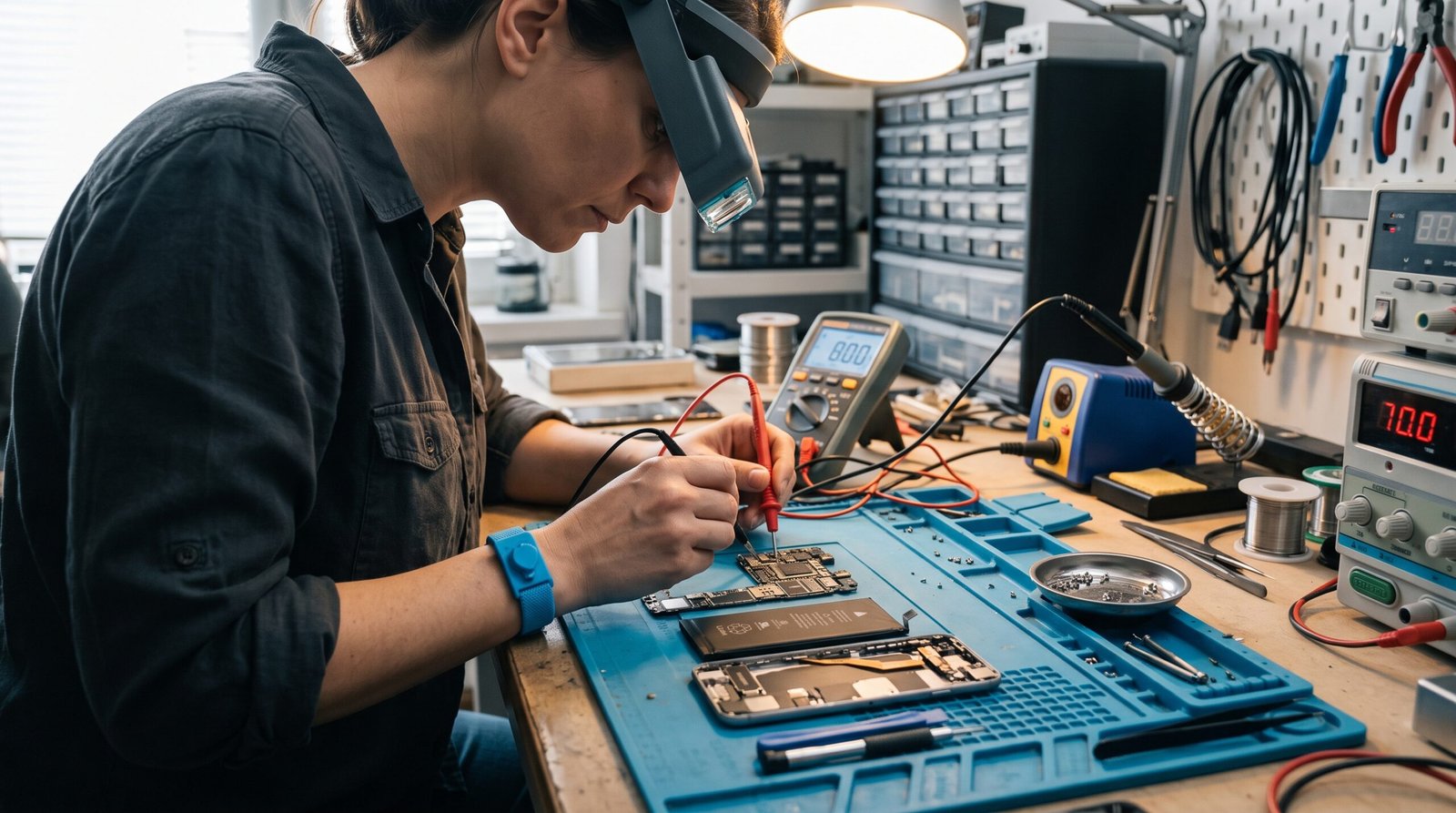 Técnico especializado analisando a bateria e a placa-mãe de um smartphone