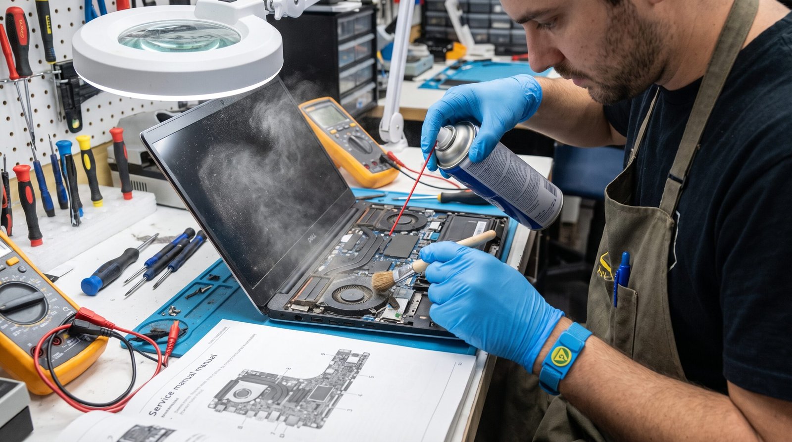 Técnico realizando limpeza preventiva no cooler de refrigeração de um notebook para evitar perda de desempenho por calor