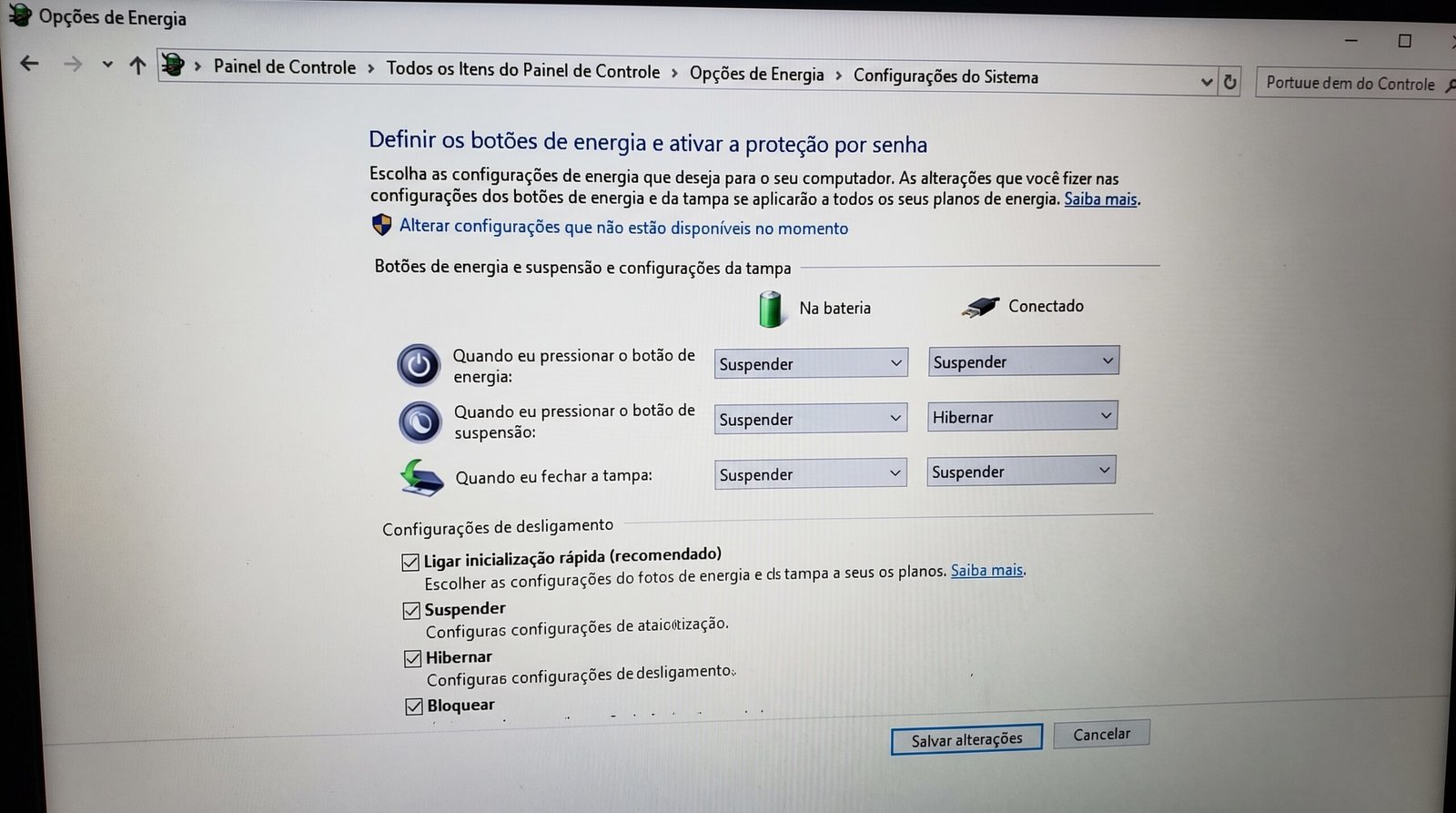 Tela do Painel de Controle do Windows mostrando a configuração da função de fechamento da tampa alterada para hibernar.