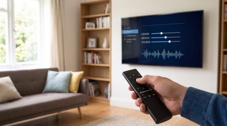 Usuário ajustando o equalizador de som na tela da Smart TV pelo controle remoto na sala de estar