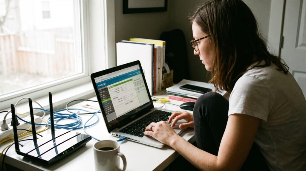 Usuário configurando os servidores DNS na página de administração do roteador Wi-Fi pelo notebook.