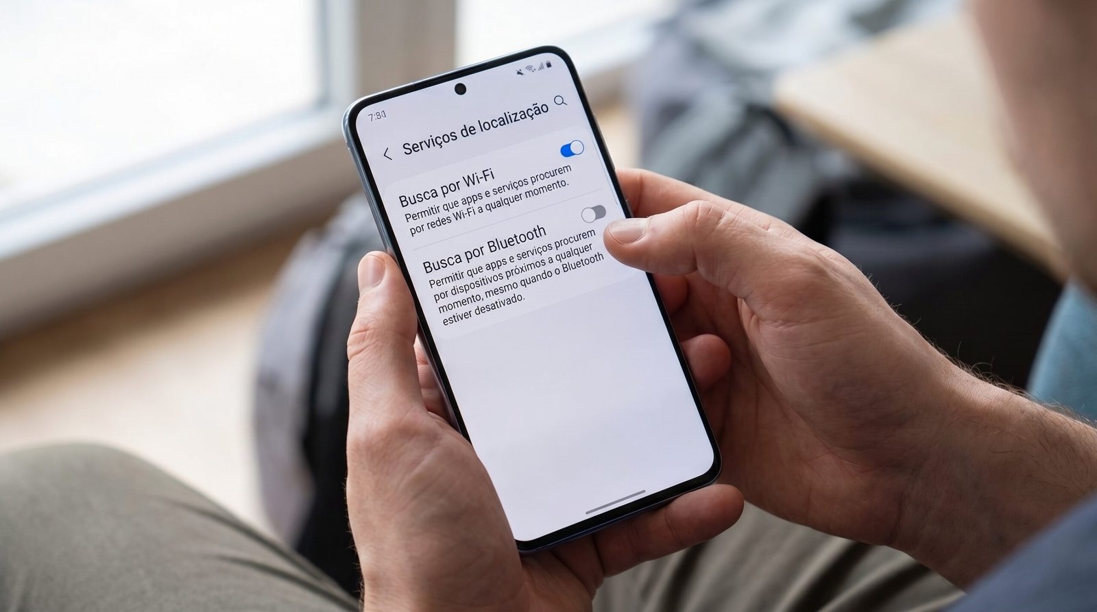 Usuário desativando a função de busca de Bluetooth nas configurações de localização do celular