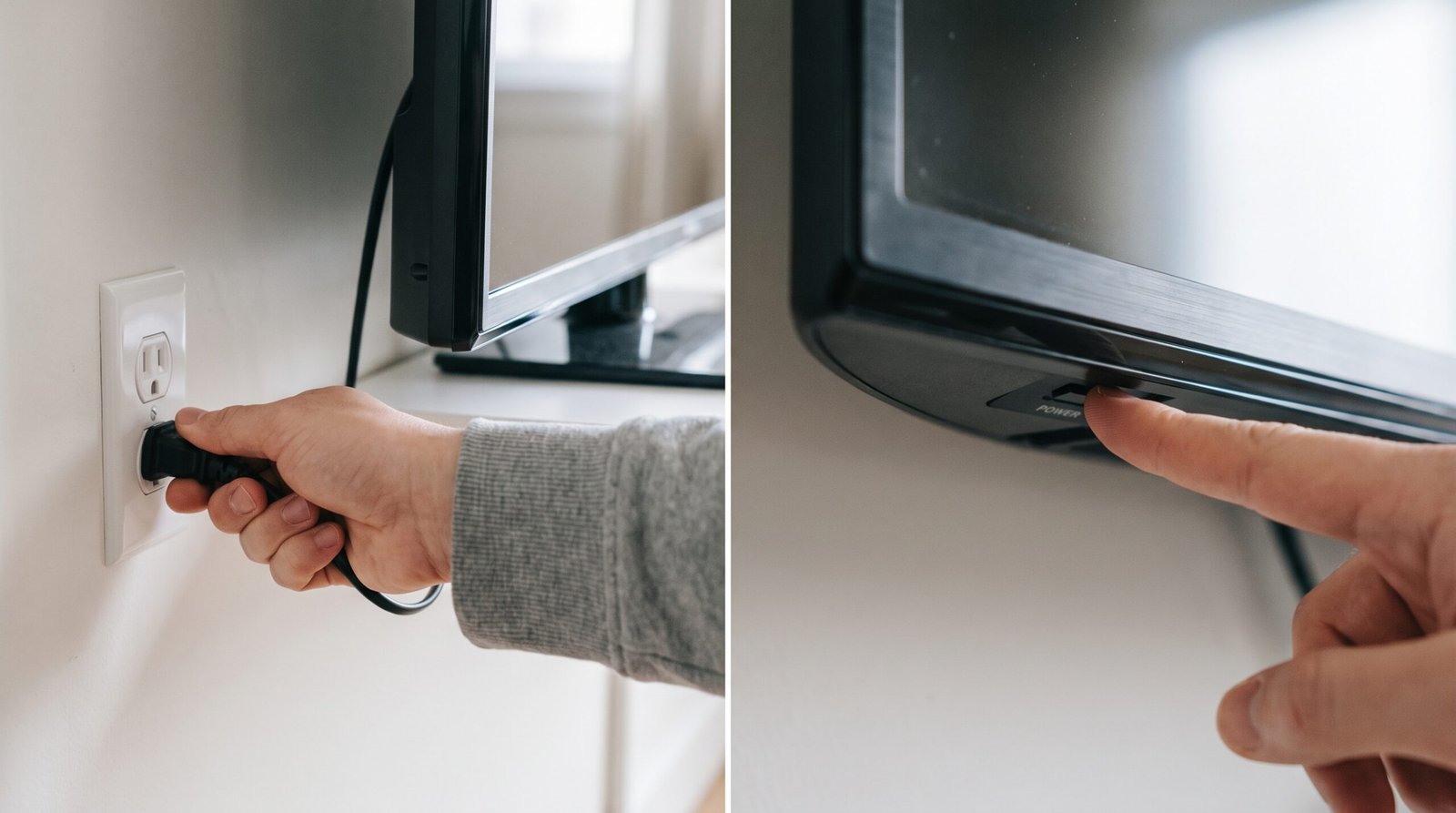 Usuário desconectando a TV da tomada e pressionando o botão físico inferior do aparelho para drenar a energia estática.