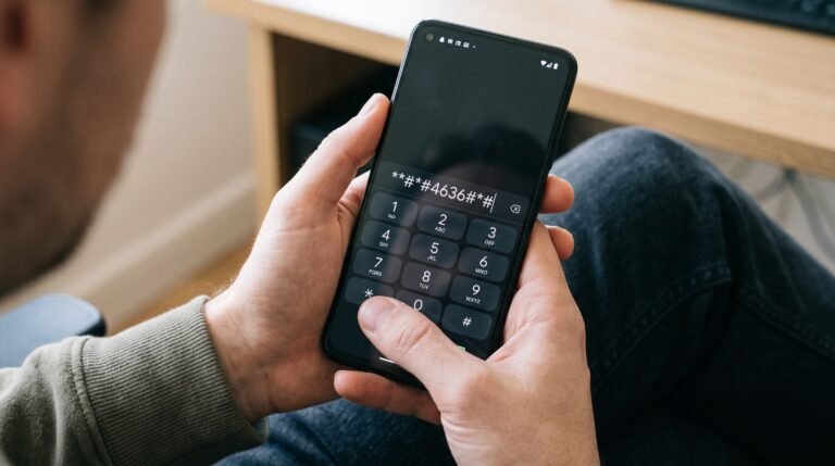 Usuário digitando código de diagnóstico no teclado do celular Android para verificar a saúde da bateria.