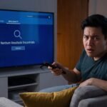 Usuário procurando um aplicativo que não aparece na loja oficial da Smart TV na sala de estar.