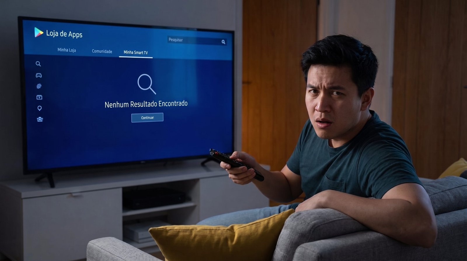 Usuário procurando um aplicativo que não aparece na loja oficial da Smart TV na sala de estar.