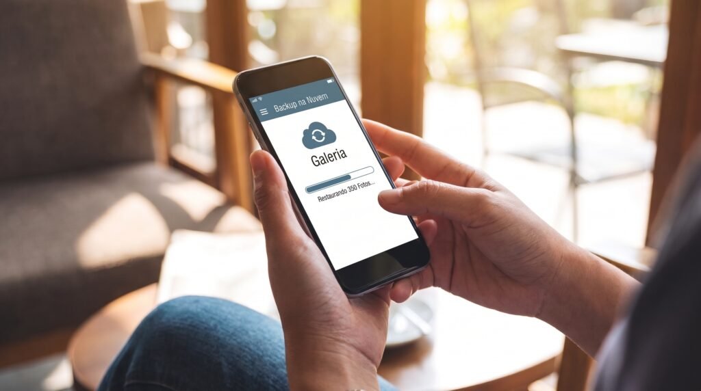 Usuário utilizando o celular para restaurar fotos apagadas através do backup em nuvem e da galeria