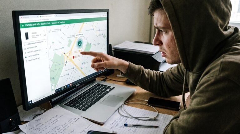 Usuário utilizando o computador para rastrear a localização de um celular perdido ou roubado no mapa oficial