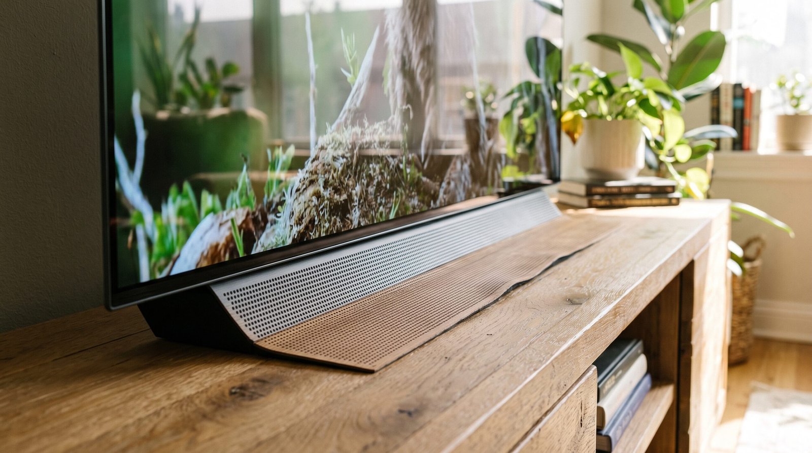 Visão lateral de uma Smart TV ultrafina mostrando a saída de som inferior voltada para o tampo do móvel de madeira