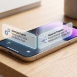 moderno telemóvel pousado numa mesa de escritório em madeira