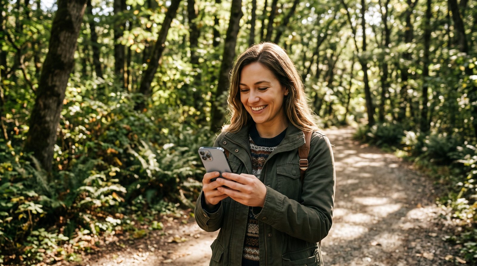 usuaria de smartphone feliz em um parque